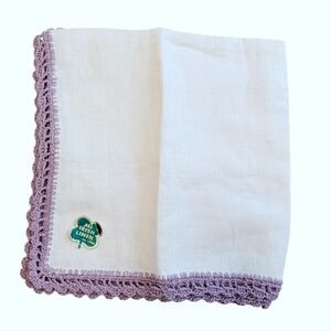 HANKERCHIEF Irish Linen Lavender Purple Crochet Edge White Vintage Retro New 11"